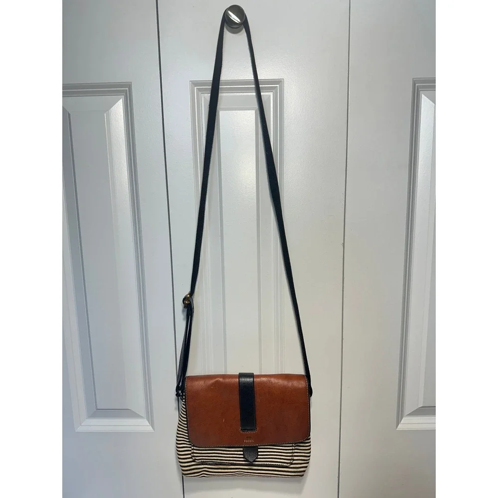 Fossil Kinley Crossbody Bag Womens Small Brown Striped Canvas Leather Flap Purse